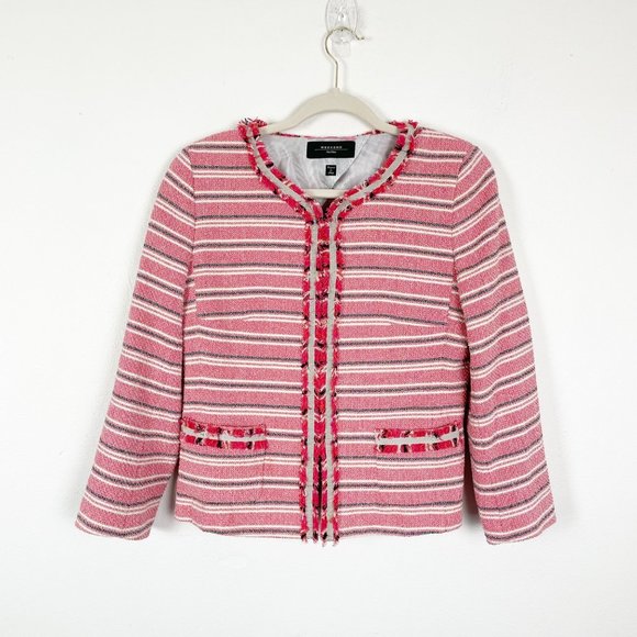 Weekend Max Mara Jackets & Blazers - Weekend Max Mara Woman's 6‎ Pink Tweed Fringe Striped Classic Blazer Jacket